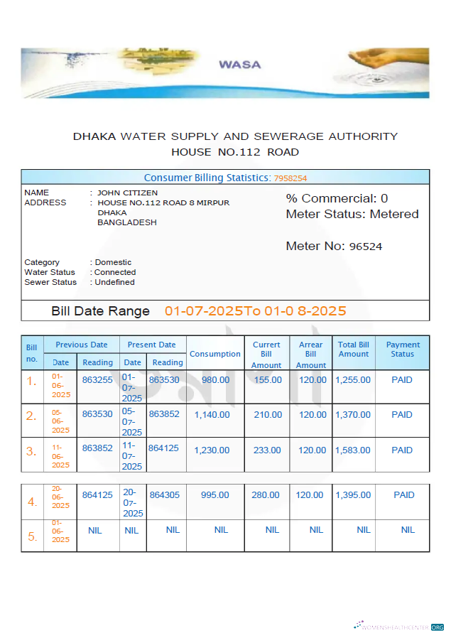 Bangladesh Dhaka Water Supply and Sewerage Authority utility bill template in Word and PDF formats